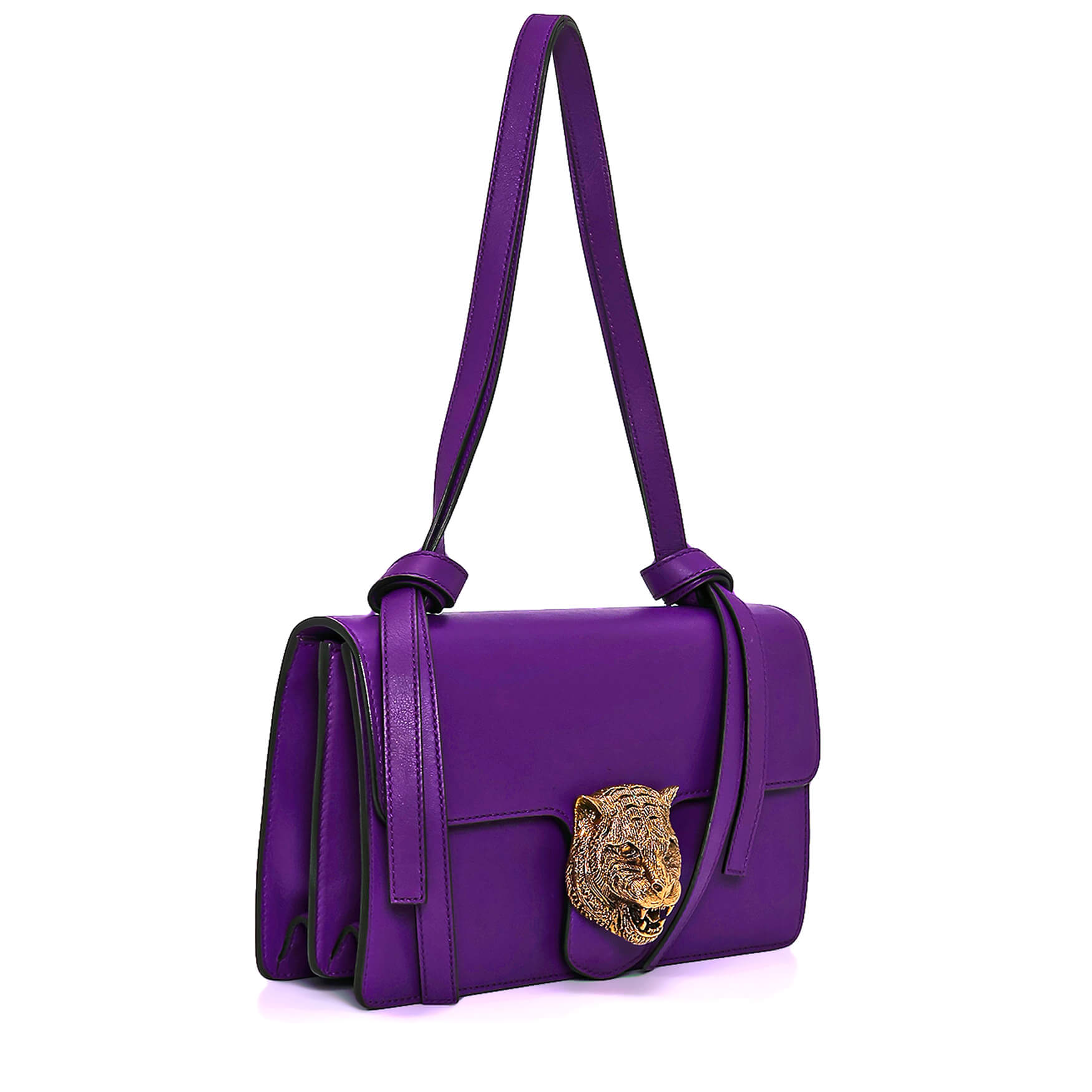 Gucci - Purple Leather Tiger Gold Buckle Flap Bag